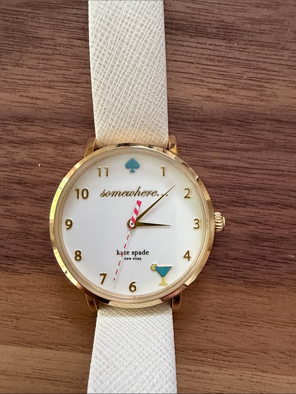kate spade White Leather Strap Watch with Gold Case and Mint Accents